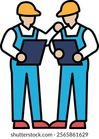 Two men in blue work clothes are holding papers and looking at each other. Scene is professional and collaborative