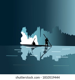 Two men in a boat come out into the light from a dark cave. Vector illustration