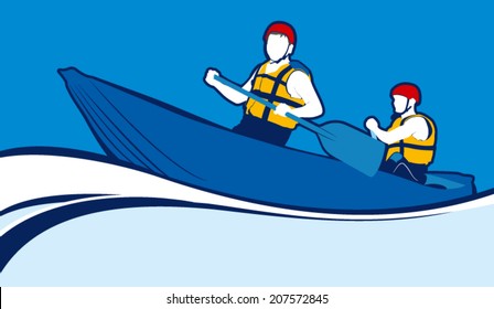 Two men in a boat sailing on a white water