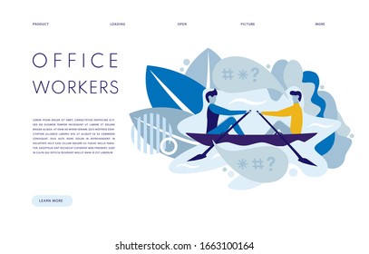 Two men in the boat work for themselves, Not teamwork! Controversial work, lack of a leader, not efficiency! Poor performance. flat character. Vector illustration for landing page.