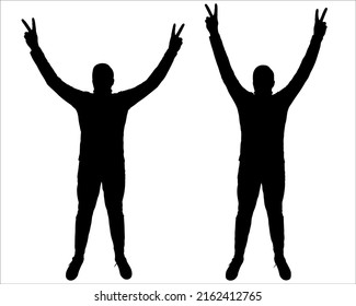 Two men with both hands show a "victory" gesture. Celebrities at the photoshoot. Guys of large build stand with their hands raised. Front view, full face. Black male silhouette isolated on white