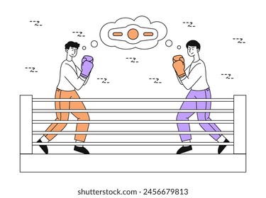 Zwei Männer, die linear boxen. Junge Jungs in Boxhandschuhen in Szene oder Ring. Aktiver Lebensstil und Sport. Sportler beim Wettkampf oder Turnier. Doodle flache Vektorillustration isoliert auf weißem Hintergrund