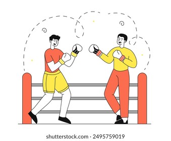 Two men boxing. Men wearing boxing gloves fight in ring. Active lifestyle and sports. Martial arts competition. Tournament and competitions. Linear vector illustration isolated on white background