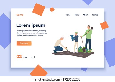Two men and boy gardening outdoors. Male characters bedding plant, holding spade, shovel and watering pot. Leisure concept. Vector illustration can be used for topics like nature, hobby, family