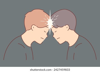 Two men brainstorm together and touch foreheads to create telepathic connection. Guys practice telepathic telekinesis, developing supernatural abilities from science fiction films.