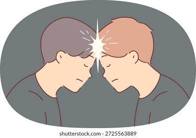 Zwei Männer hirnen zusammen und berühren die Stirn, um eine telepathische Verbindung herzustellen. Jungs üben telepathische Telekinese und entwickeln übernatürliche Fähigkeiten aus Science-Fiction-Filmen.