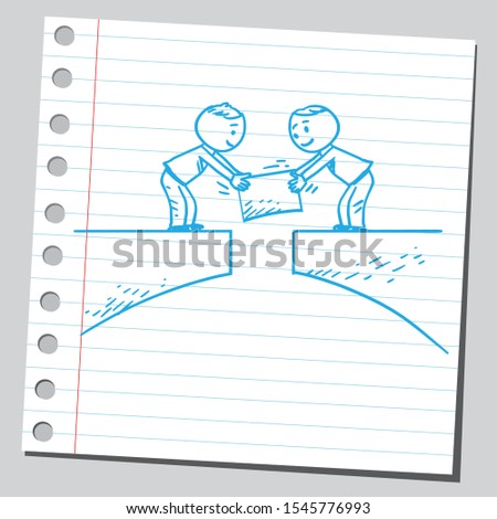 Two men building bridge together. Partnership concept.