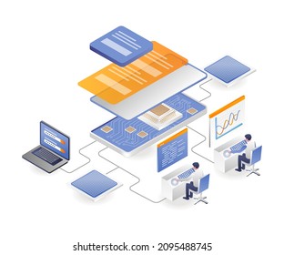 Two men are building a chip smartphone app in isometric illustration