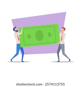 Two men in business attire collaborating to lift large dollar bill against colorful background. Finance and cooperation concept