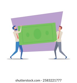 Two men in business attire collaborating to lift large dollar bill against colorful background. Finance and cooperation concept