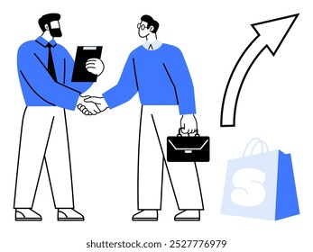 Two men in business attire shaking hands symbolizing a successful agreement, with a briefcase and clipboard visible. An upward arrow and a shopping bag with an S enhance the business theme