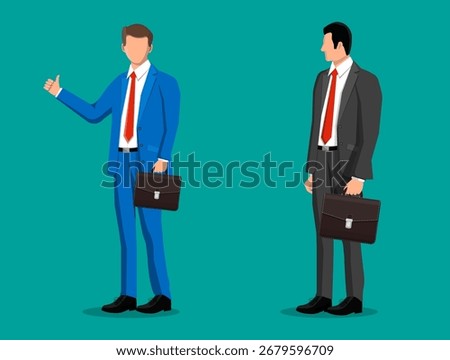 Two men in business suits with briefcases. Business people characters. Professional office worker or manager concept.
