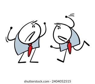 Two men in business suits fighting in office. Vector illustration rude stickman attacks weak colleague, a competitor defends himself, raises his hands. Isolated cartoon caricature on white background.