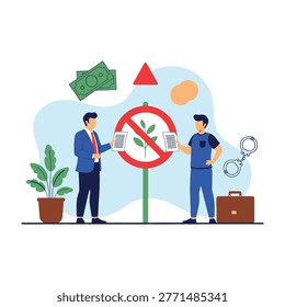 Two men in business and work attire discuss a no plant sign outdoors, symbolizing environmental or workplace policies