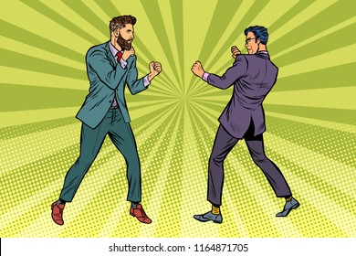 Two Men Businessman Fighting. Pop Art Retro Vector Illustration Kitsch Vintage