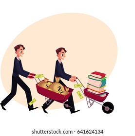Two men, businessmen pushing wheelbarrows, one with pile of books, another holding money bags, cartoon vector illustration with space for text. Money versus education concept