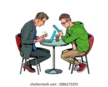 dos hombres en una cafetería están trabajando en una laptop y un smartphone. Autonomía en un restaurante