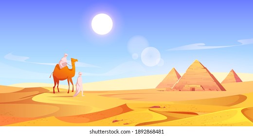 Two men and camel in Egyptian desert with pyramids. Vector cartoon illustration of landscape with arabic bedouins, yellow sand dunes, ancient pharaoh tombs and hot sun in sky