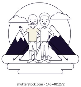 two men camping tent mountains landscape vector illustration