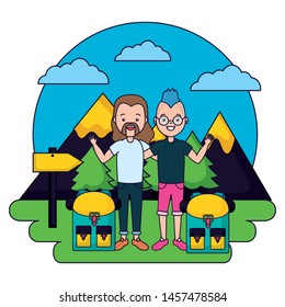 two men camping vacations landscape mountains vector illustration