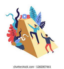 Two men, candidates, potential employees competing to get a desired offer, contract, employment, struggling, climbing up the pyramid, geometric figure with title job on the top, surrounded by colorful