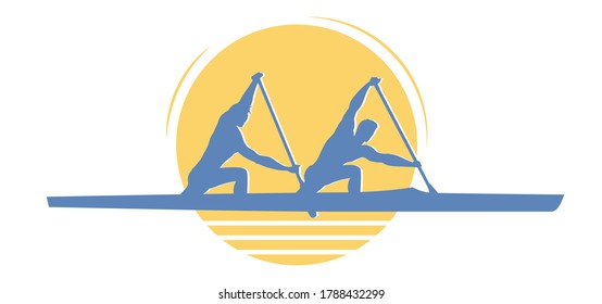 Logo de dos hombres en canoa. La actividad náutica recreativa paddle deporte con los atletas arrodillados en canoa con paleta de una sola cara. Icono de ilustración de diseño plano vectorial.