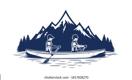 Two men canoeing on mountain lake vector illustration. Water sport and canoeing design concept