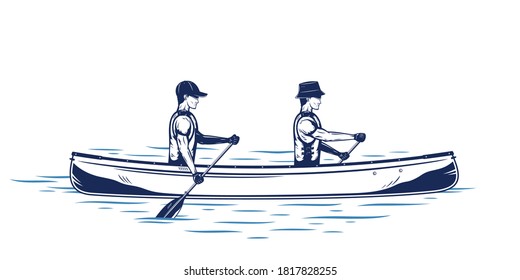 Two men canoeing on a river vector illustration. Water sport and canoeing design concept