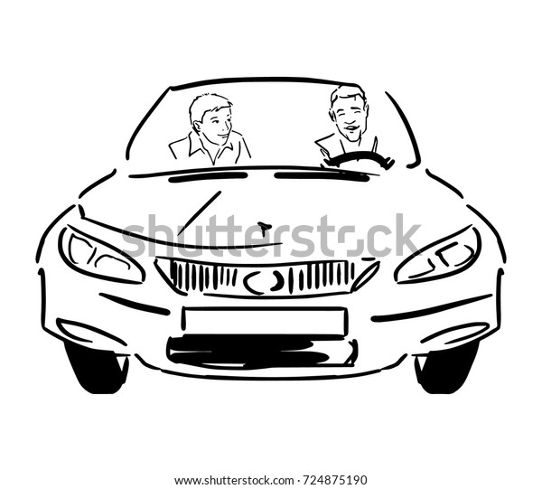 Two men in car black and white vector sketch, front\
view. 
