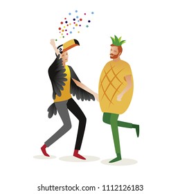 Two men in carnival costumes. Jungle Masquerade. Pineapple, toucan. Vector design for posters, banners, cards and invitations.