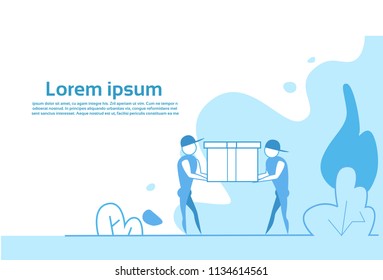 two men carry box together delivery service concept parcel copy space flat man silhouette horizontal vector illustration