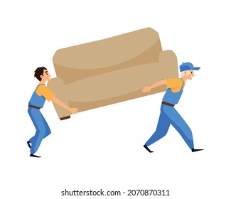 Two men carry sofa during relocation. Two porters, who works at move company, unloading couch furniture cartoon vector illustration.