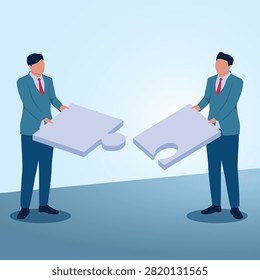 Two men carry their own puzzles that cannot be put together. Illustration of unsolved problem and impossible puzzle.