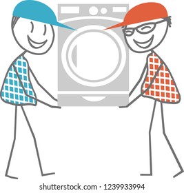 Two men carry a washing machine to move or deliver