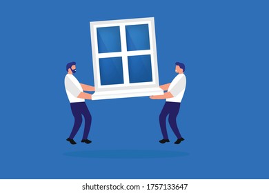Two men carry  window.Conceptual vector illustration in flat style design.Isolated on background.