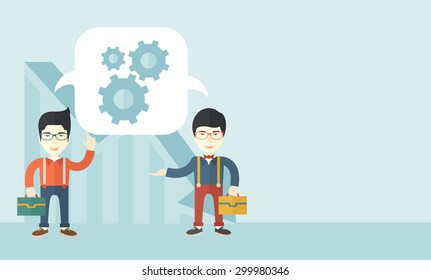 Dos hombres cargando bolsas pensando en un nuevo negocio en logística. Lluvia de ideas, marcha de burbujas de habla. Concepto de trabajo en equipo. Un estilo contemporáneo con una paleta pastel y un suave fondo azul tintado. Vector plano