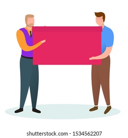 Two men carrying a big red box. Colorful flat composition with cartoon character isolated on white background. Bright design element for branding shop, market or website.