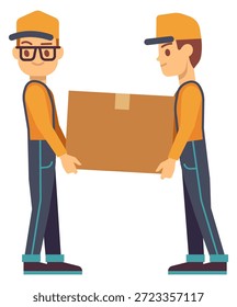 Two men are carrying a box