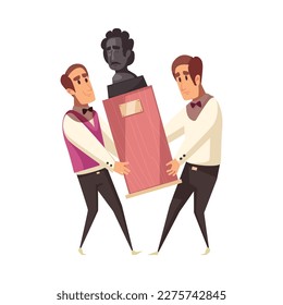 Two men carrying bust auction lot flat vector illustration