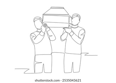 Dos hombres cargando un ataúd. Concepto funerario dibujo de una línea