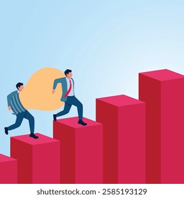 Two men carrying a lamp up a graphic ladder. Illustration for cooperation, leadership and unification.