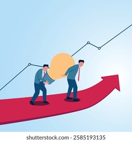 Two men carrying a lamp up an upward graphic line. Illustration for cooperation, leadership and unification.