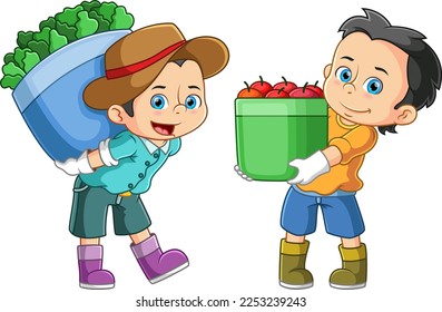 Two men carrying a large basket filled with fresh fruits and vegetables of illustration