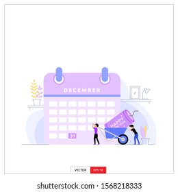 two men are carrying large fireworks in a wagon to celebrate the turn of the year, with a giant calendar background, 31 December. Vector illustration flat design style.