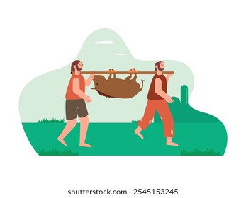 Dois homens carregando um grande javali selvagem, caçando em tempos antigos primitivos. Design de caracteres. Ilustração em plano vetorial