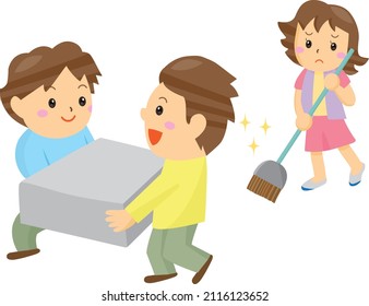 Two men carrying luggage with a smile and a woman cleaning with a troubled face