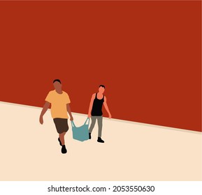 Two men carrying paper bag walking on street of the traditional market. Vector illustration.