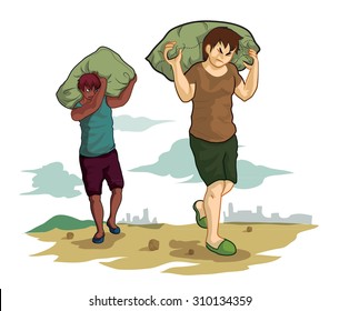 two men carrying a sack on nature background