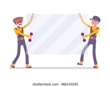 Two Men Are Carrying A Sheet Of Glass. Cartoon Vector Flat Style Illustration