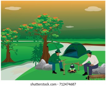 Two men cartoon shape relaxing with camp vector design
